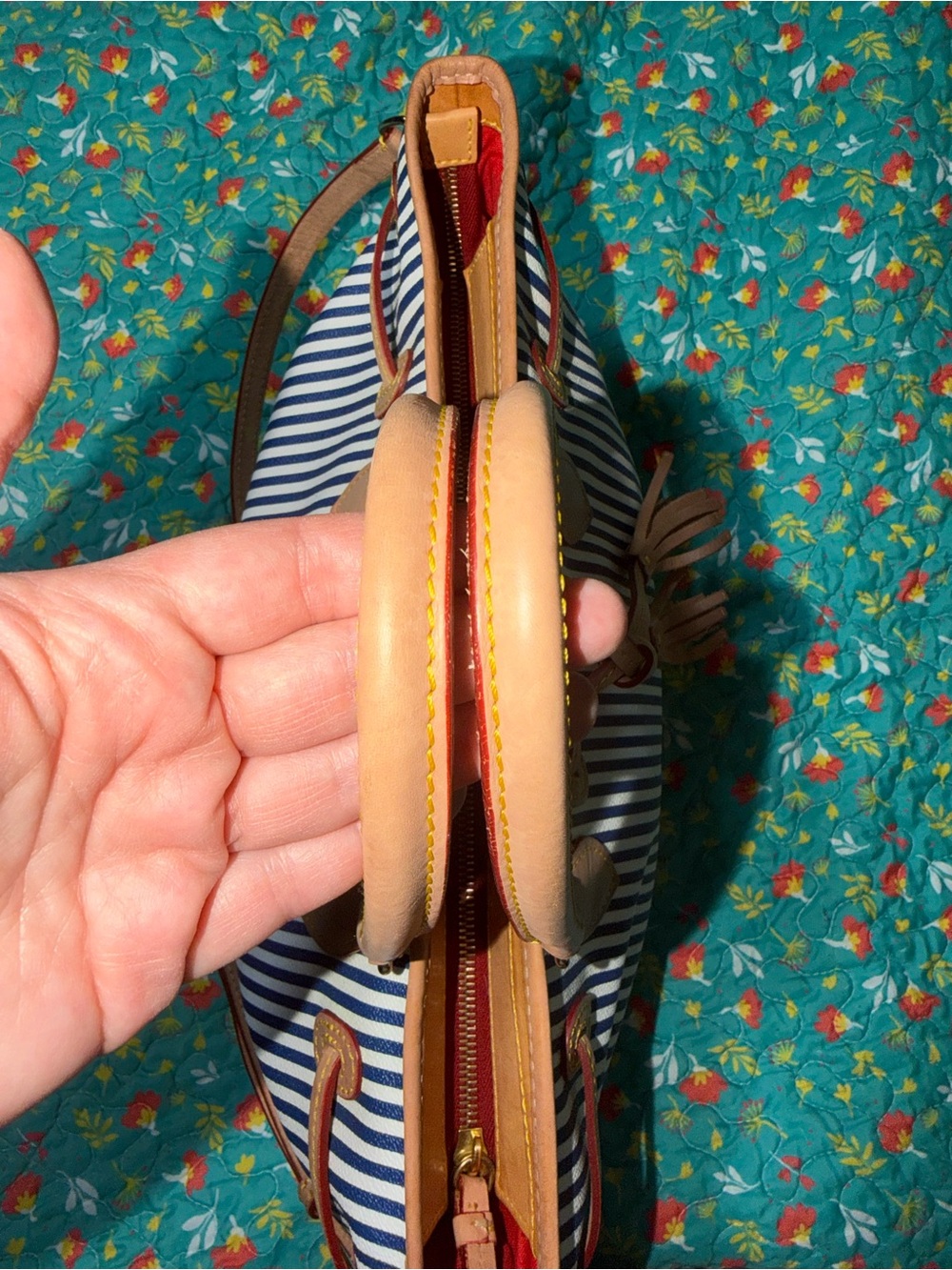 Dooney & Bourke Navy and White Stripe Tote with Tan Trim - Picture 9 of 16